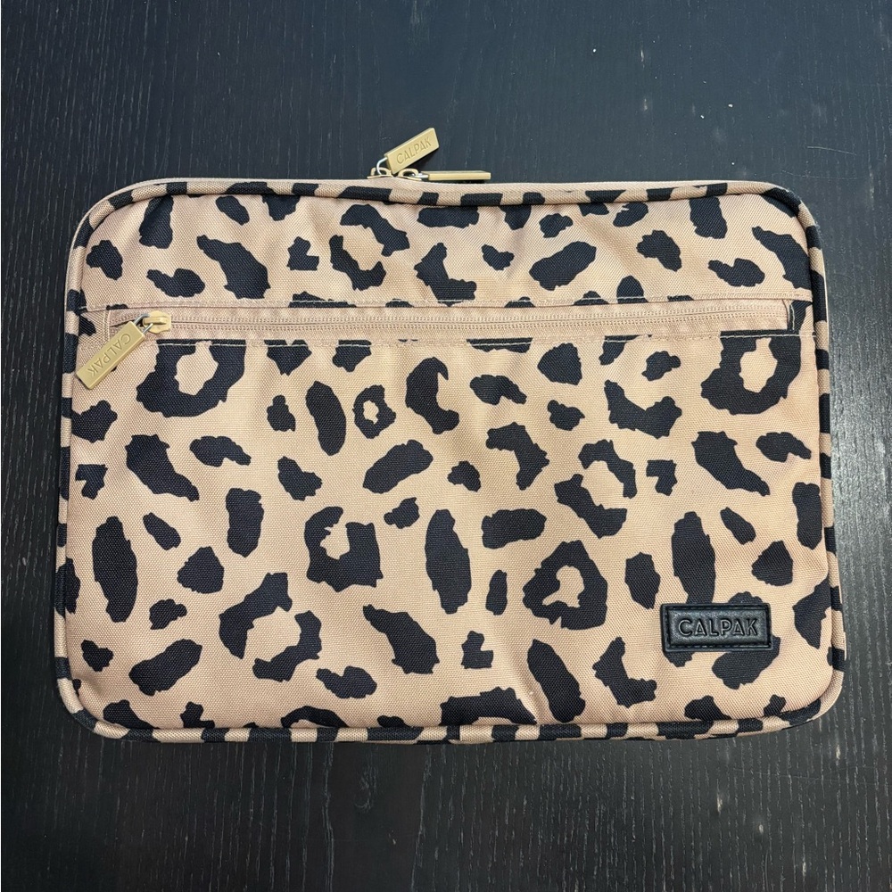 Calpak Padded Black and Tan Cheetah Laptop Sleeve